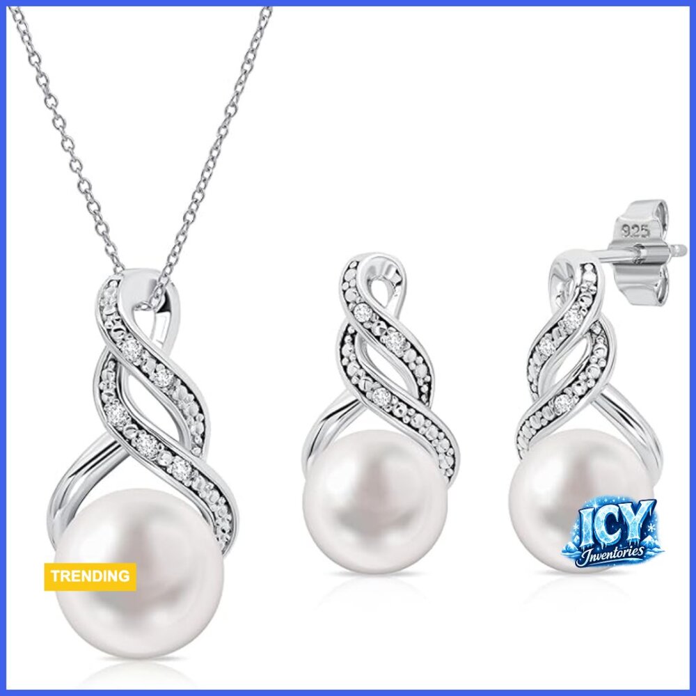 Sterling Silver Pearl Diamond Necklace Earring Set 18 Inch Chain